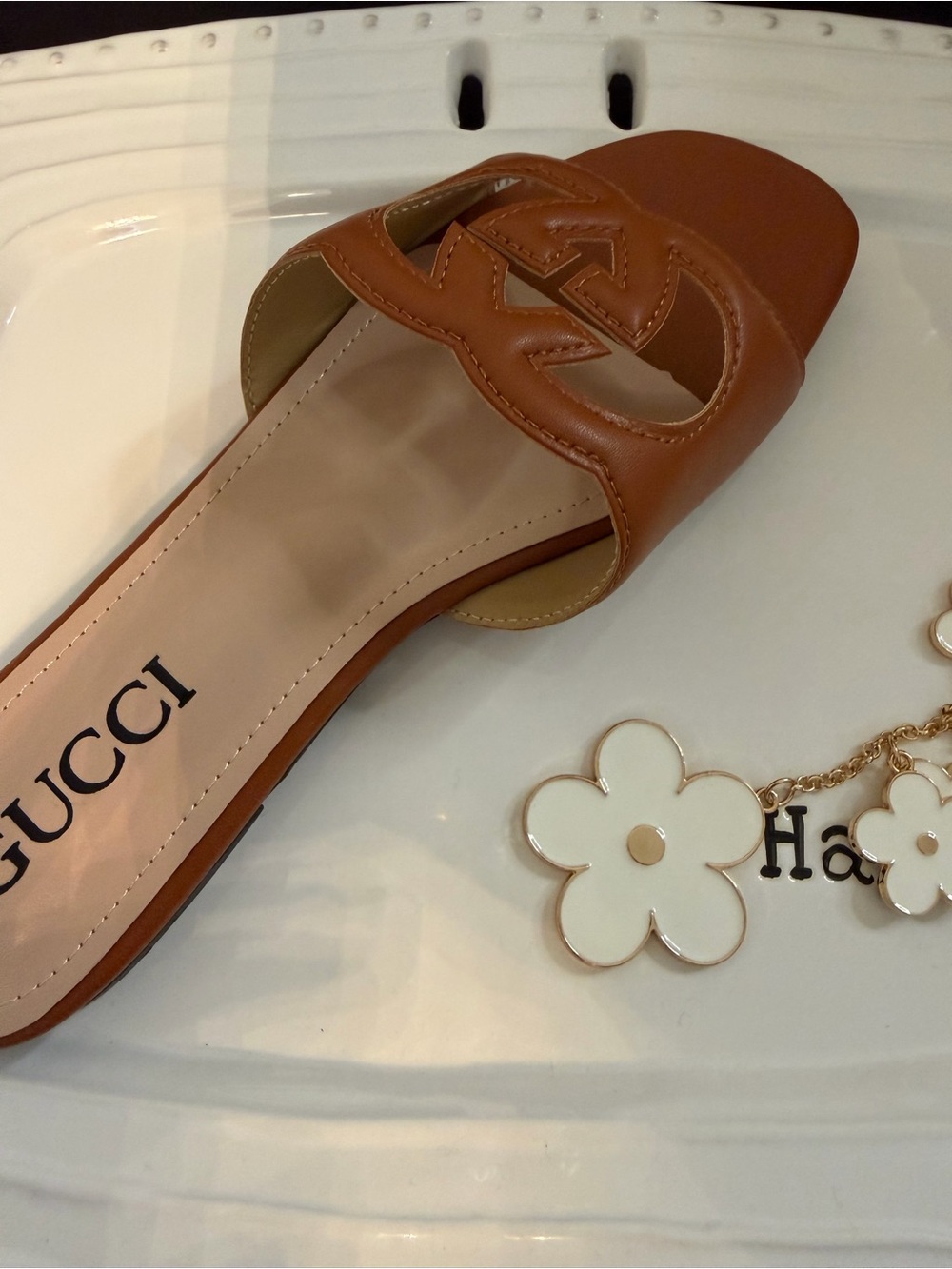 Source Unknown Brown Leather Slide Sandal with Cutout Logo